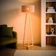 image 3 of ValueLights Lottie Natural Wood Tripod Floor Lamp Orange Check Bamboo Shade and Bulb