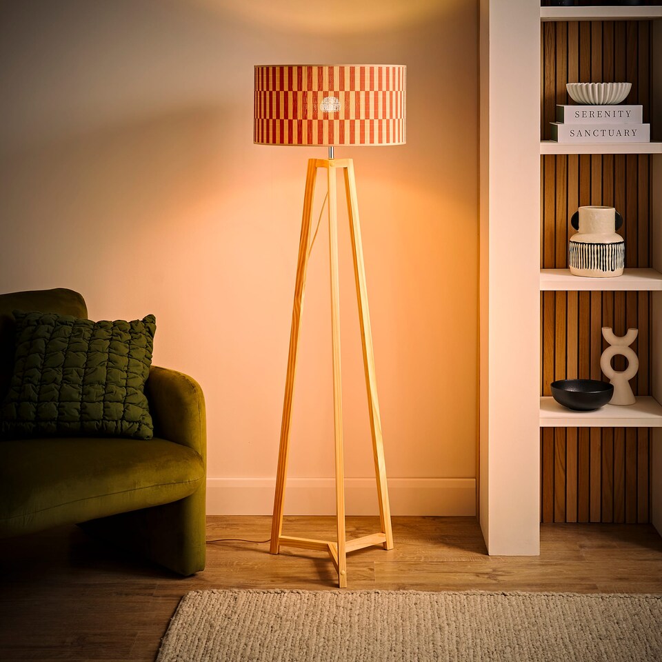 image 1 of ValueLights Lottie Natural Wood Tripod Floor Lamp Orange Check Bamboo Shade and Bulb