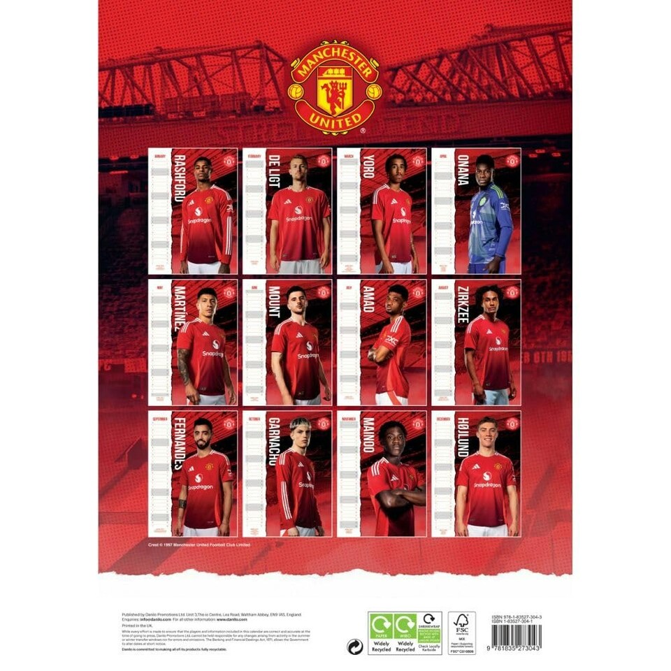 image 1 of Manchester United FC 2025 A3 Wall Calendar - Claret Red/Blue/White - One Size
