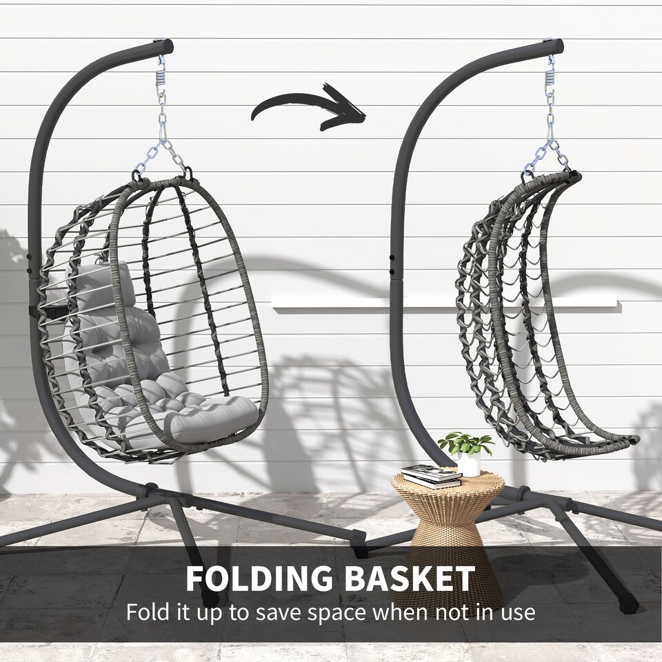 image 1 of Outsunny Rattan Hanging Egg Chair, Foldable Wicker Hammock Swing Chair with Cushion, Stand, Adjustable Height, Head Pillow, Steel Frame for Garden Patio Indoor Outdoor, Light Grey | Grey | Light Grey