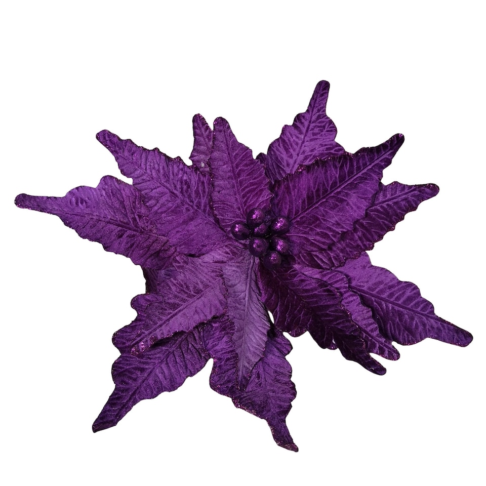 image 1 of 76cm Purple Velvet Poinsettia Stem with Glitter Christmas Decoration