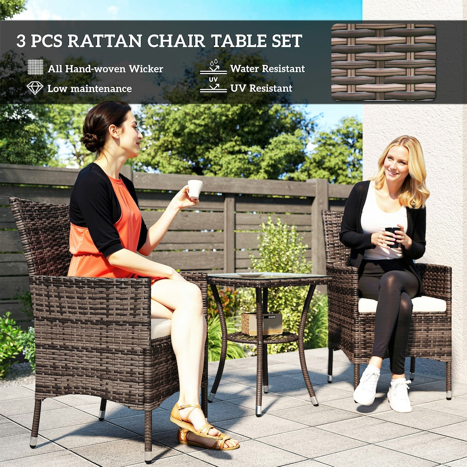 image 1 of Outsunny Rattan Bistro Set Garden Chair Table Patio Outdoor, Brown