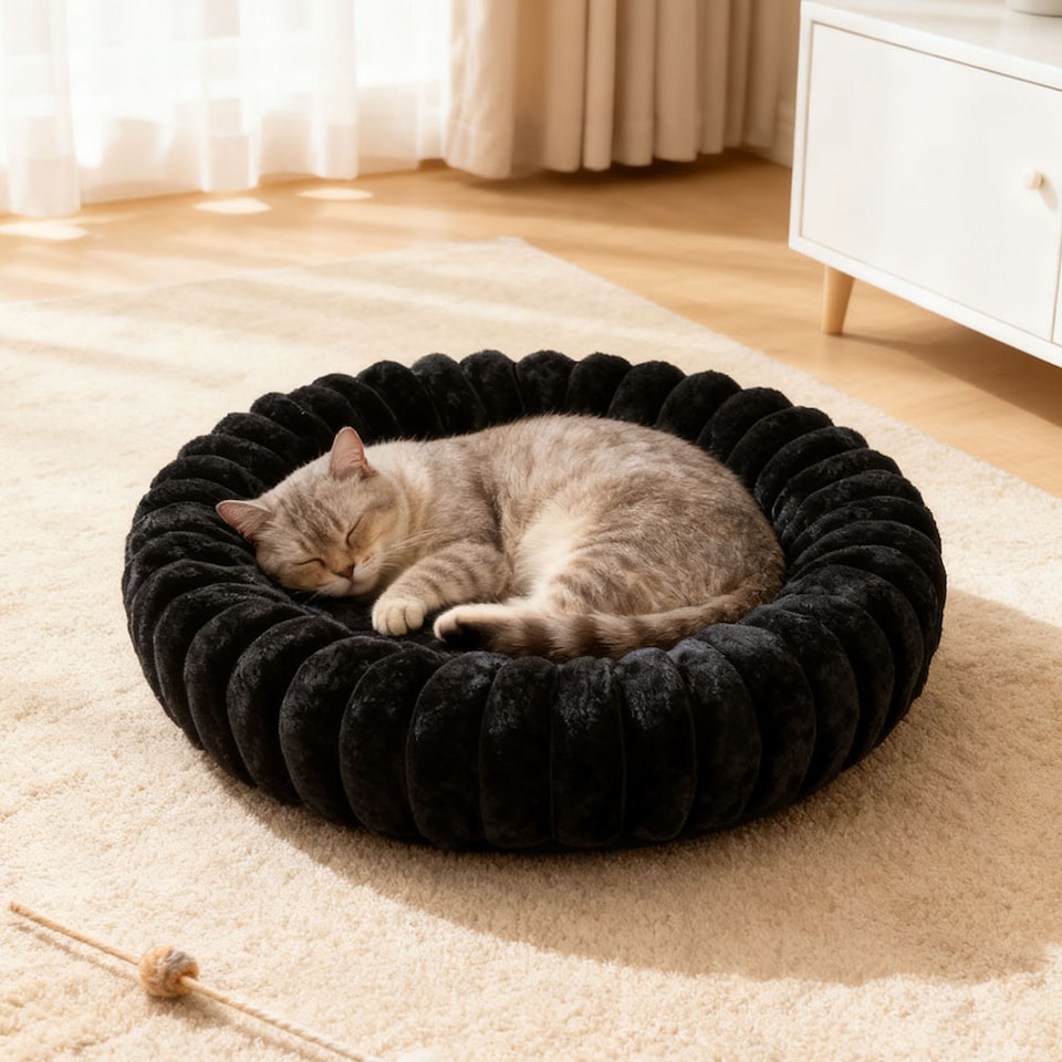 image 1 of Living and Home 6 Colour Soft Donut Pet Bed for Cats & Dogs,Warm & Cosy Retreat | Black | Black | M