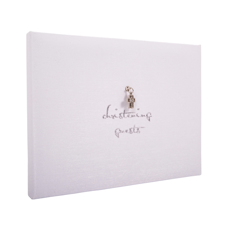 image 1 of Beautiful White Satin Fabric Christening Guest Book with Silver Metal Cross