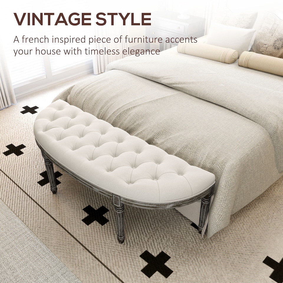 image 1 of HOMCOM Half-Circle End Bench Ottoman Footstool Tufting Padded Seat Brushed Wood Base Antique Accents Home Seat Furniture Cream White and Light Wood Grain Leg