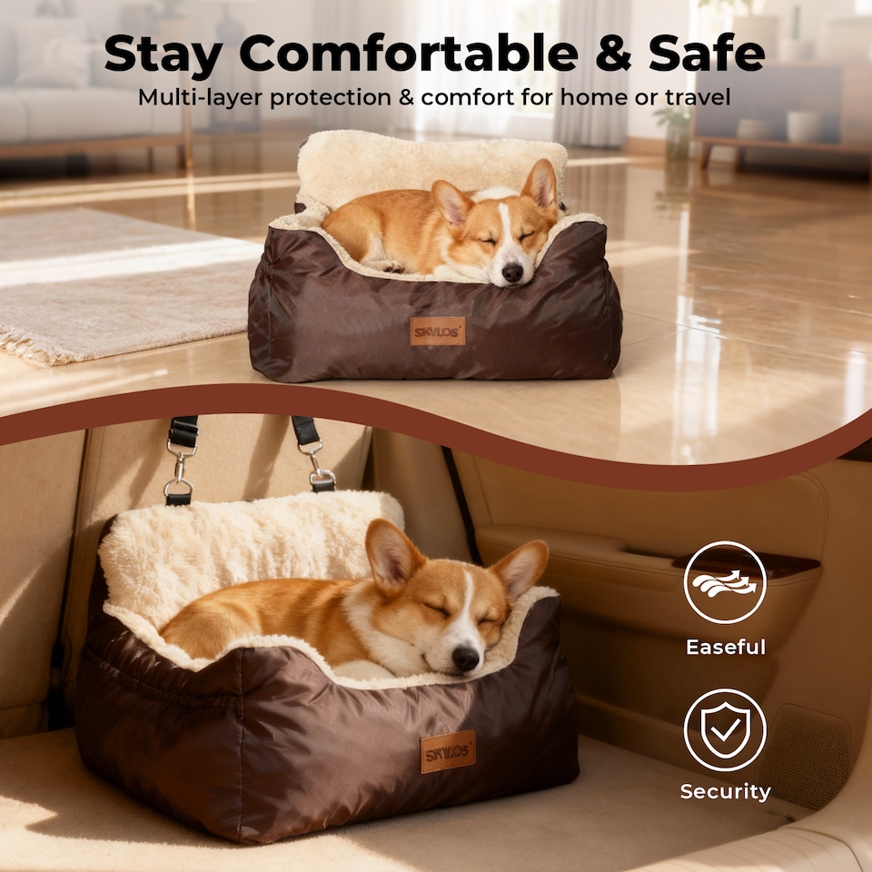 image 1 of Skylos Dog Car Seat Bed Pet Booster Travel Carrier with Safety Leash | Brown | Brown | 1