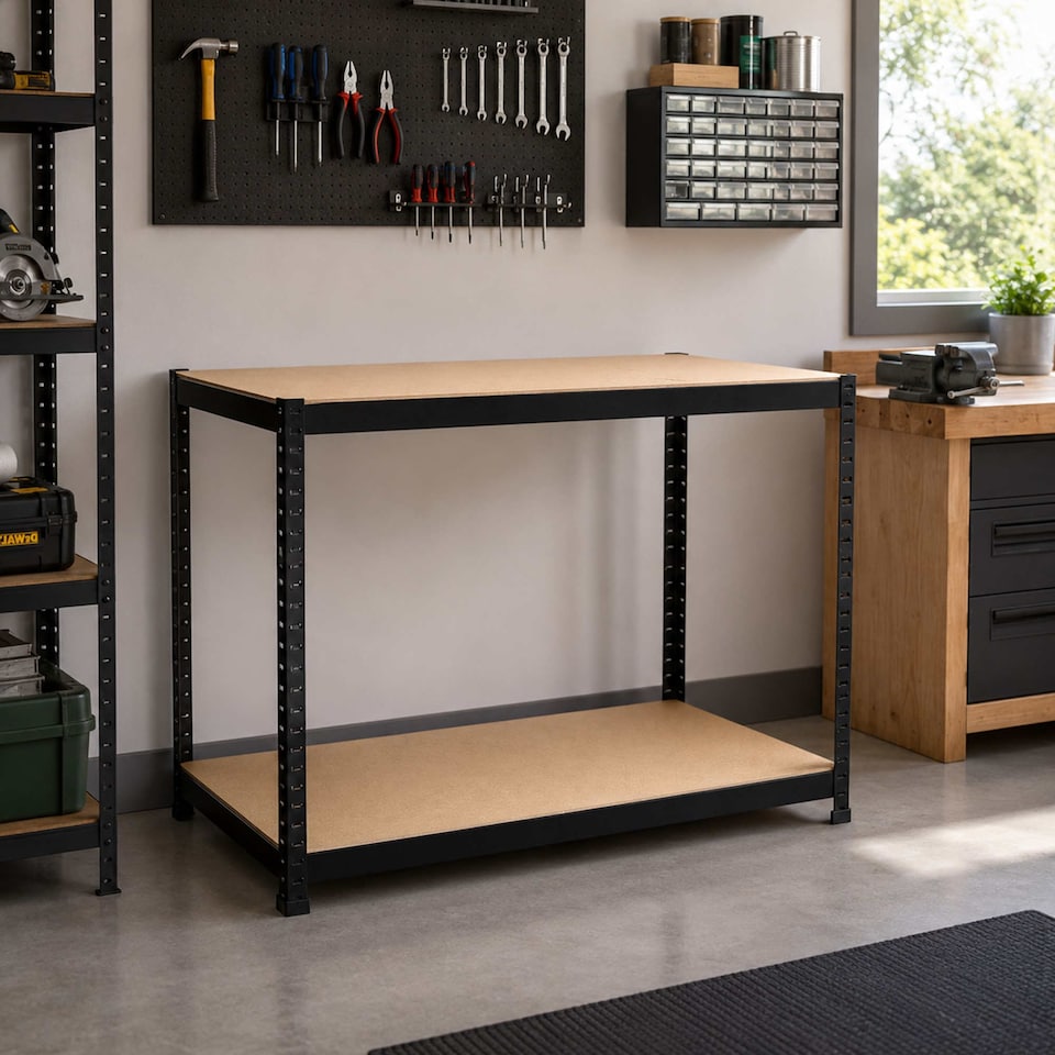 image 1 of Industrial Heavy Duty Steel Workbench Table Shelving Garage Shed | Black