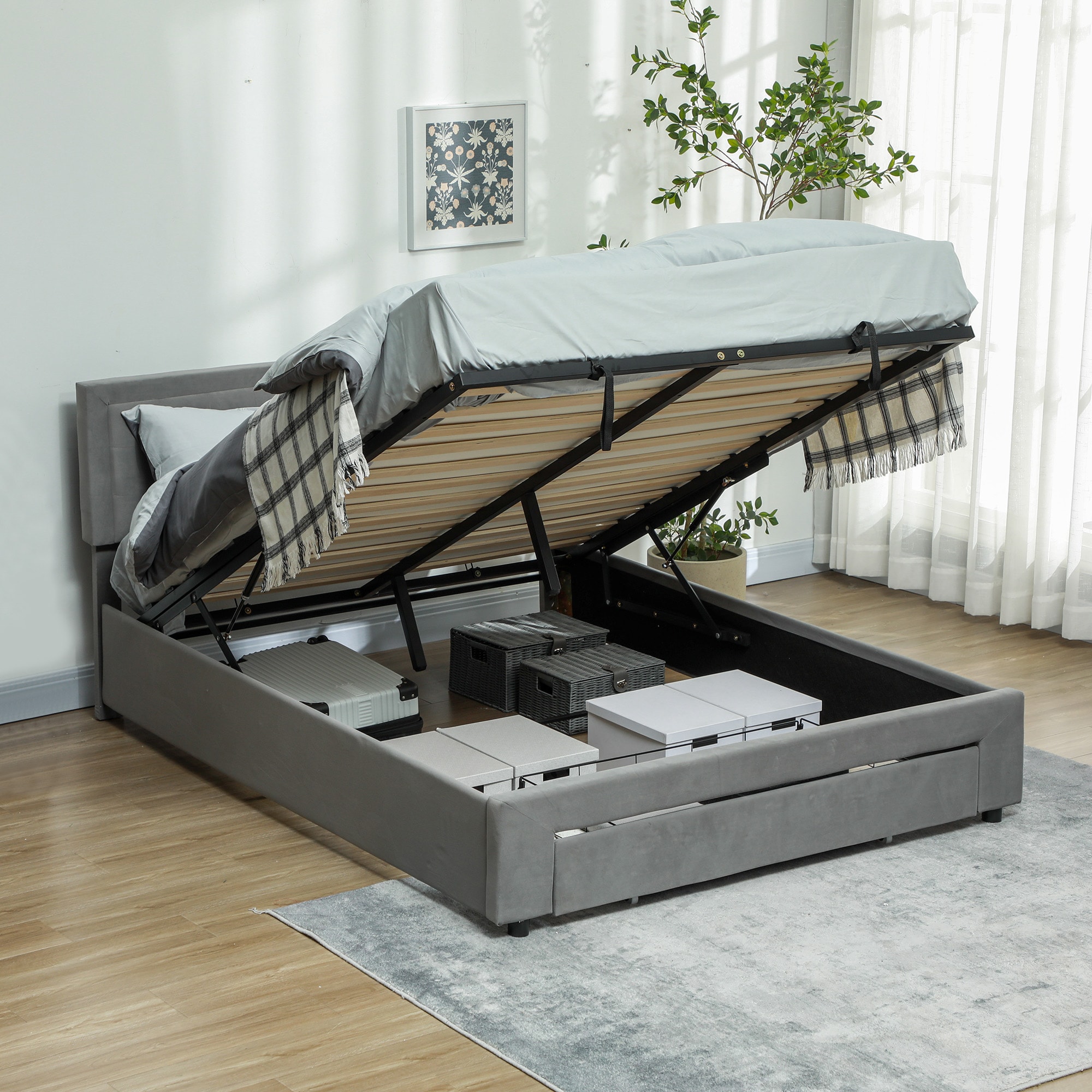 HOMCOM King Size Bed Frame with Storage and Adjustable Velvet Headboard