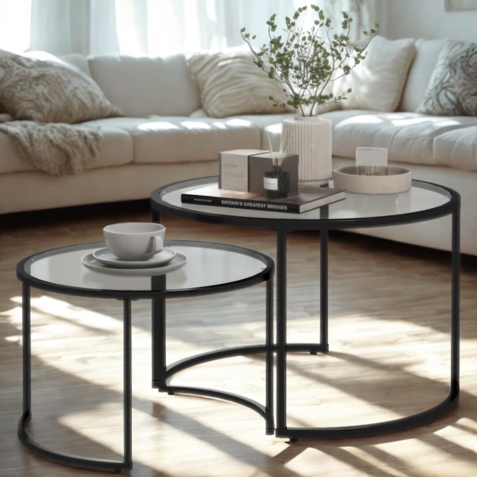 image 1 of Set Of 2 Round Black Nesting Tables With Tempered Glass Top