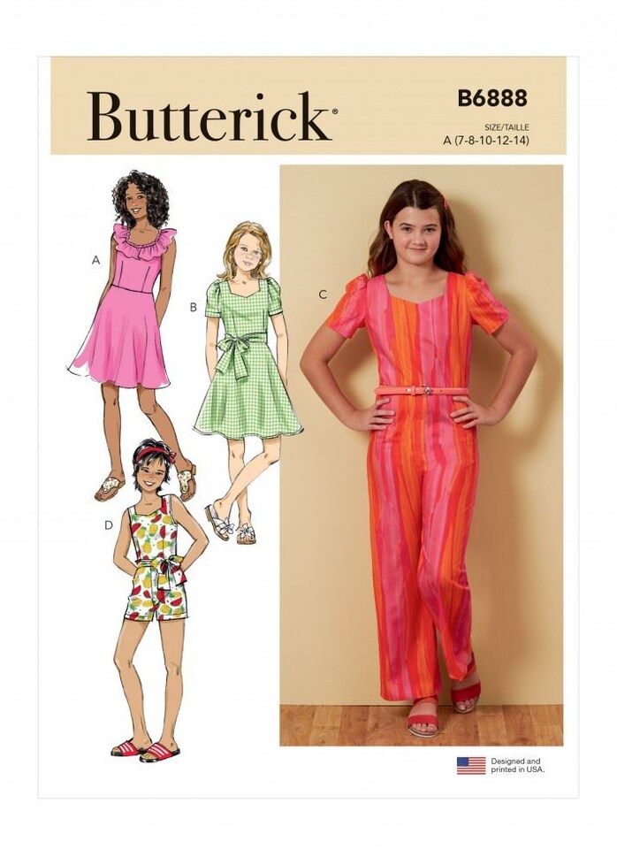 image 1 of Butterick 6888 Paper Sewing Pattern – Children’s & Teenagers’ Dresses & Jumpsuits, Size A (7–8–10–12–14), Easy