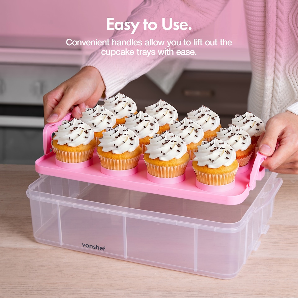 image 1 of VonShef Pink Cupcake Carrier with Handle 3 Tier Up to 36 Cakes