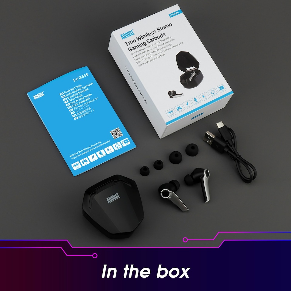 image 1 of Bluetooth Gaming Earphones Dual Microphone with USB-C Charging Case - August EPG500 Black