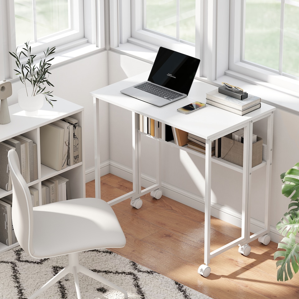 image 1 of HOMCOM Folding Desk with Storage Shelf and Bag, 80 cm Foldable Computer Desk for Small Spaces, Space Saving Writing Table on Wheels for Home Office, Bedroom, Easy Assembly, White | White