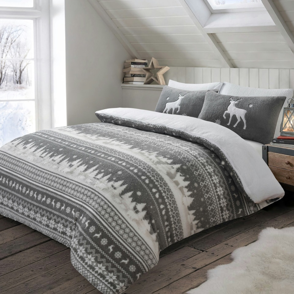 image 1 of Velosso Nordic Teddy Fluffy and Warm Fleece Duvet Cover Set Grey | Grey | Single