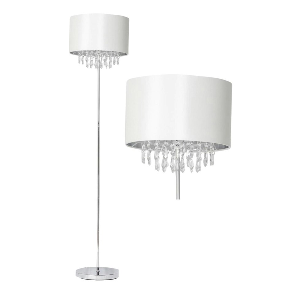 image 1 of First Choice Lighting Cream Faux Silk Jewelled Floor Lamp Chrome | White