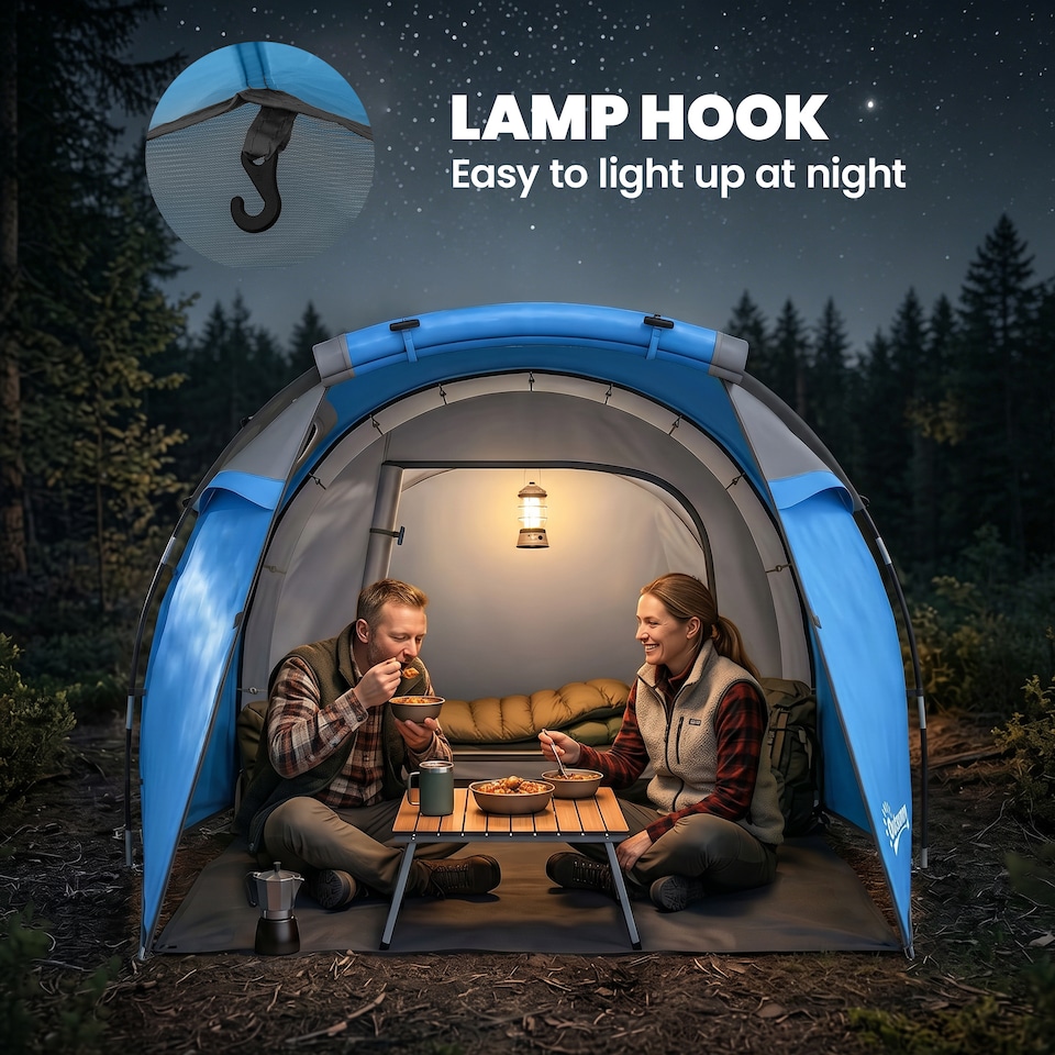 image 1 of Outsunny 2 Man Camping Tent with 2 Rooms Porch Vents Rainfly, Sky Blue