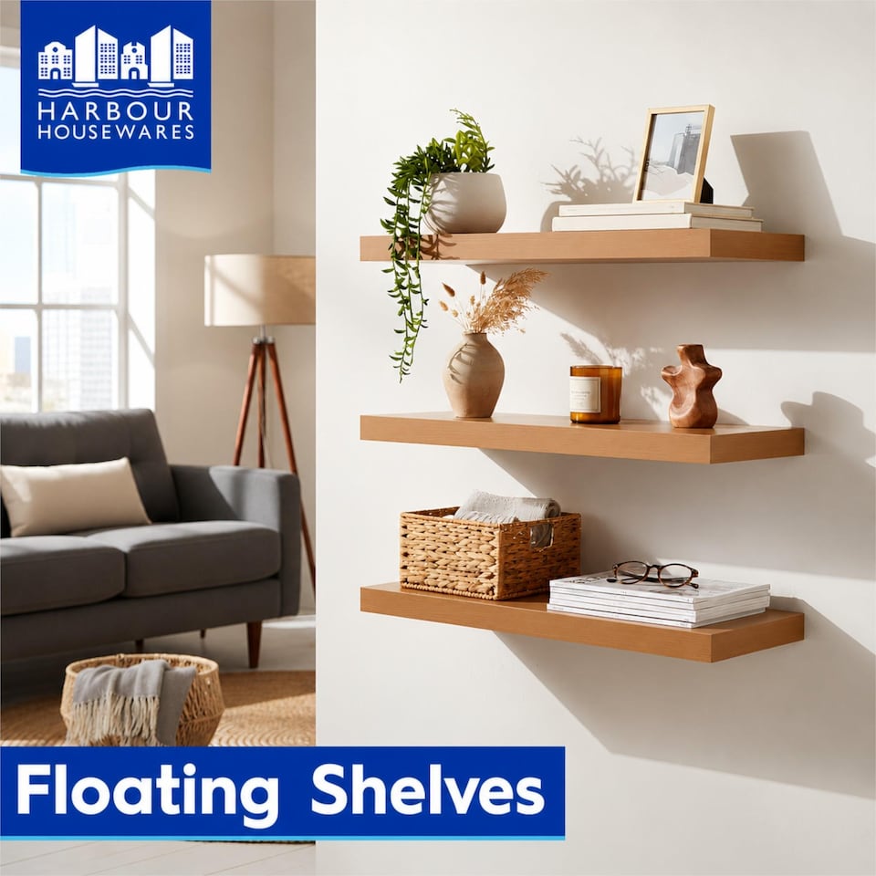 image 1 of Harbour Housewares 100cm Floating Wall Shelf - Photo Gallery Bookshelf Wall Shelves for Storage & Display | Brown | Brown