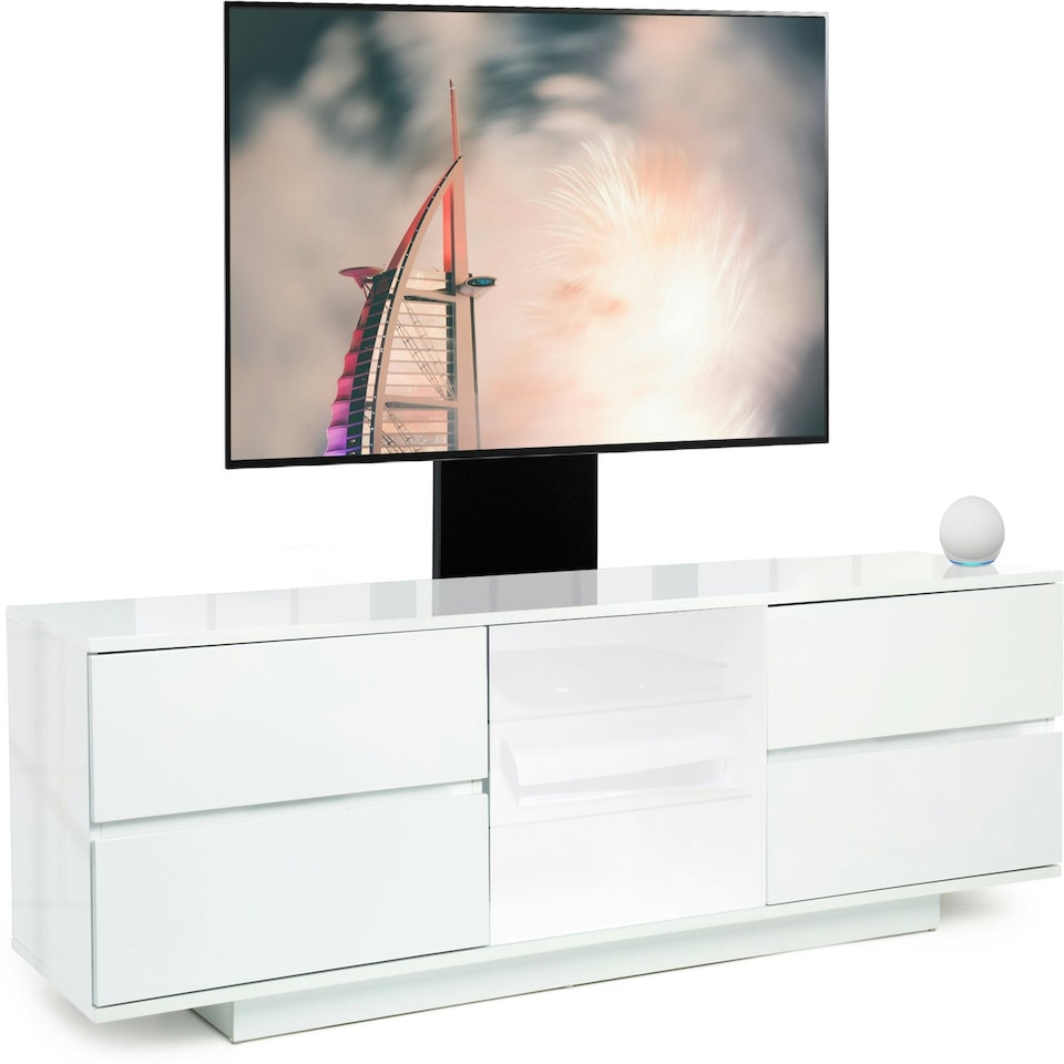 image 1 of Centurion Supports AVITUS ULTRA Gloss White Remote Friendly White Door with 4-White Drawers up to 65" Flat Screen TV Cabinet with Mounting Arm White