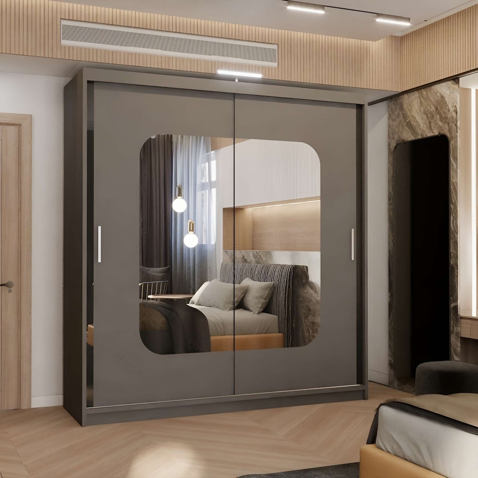 image 1 of Modern Mirror Sliding Wardrobe with Gloss Strips & Storage