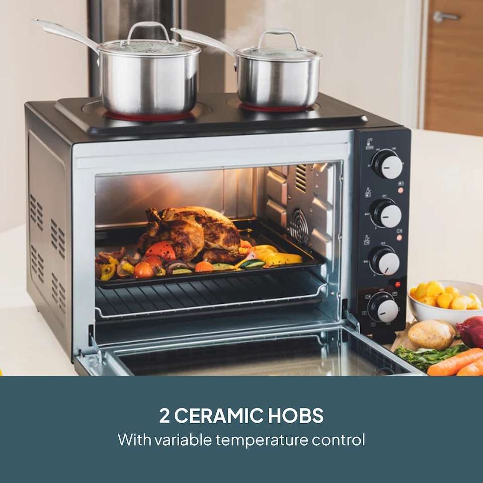 image 1 of Cooks Professional 48L Mini Portable Oven with 2 Ceramic Hobs - Electric Portable Countertop Cooker | Black | Black & Silver