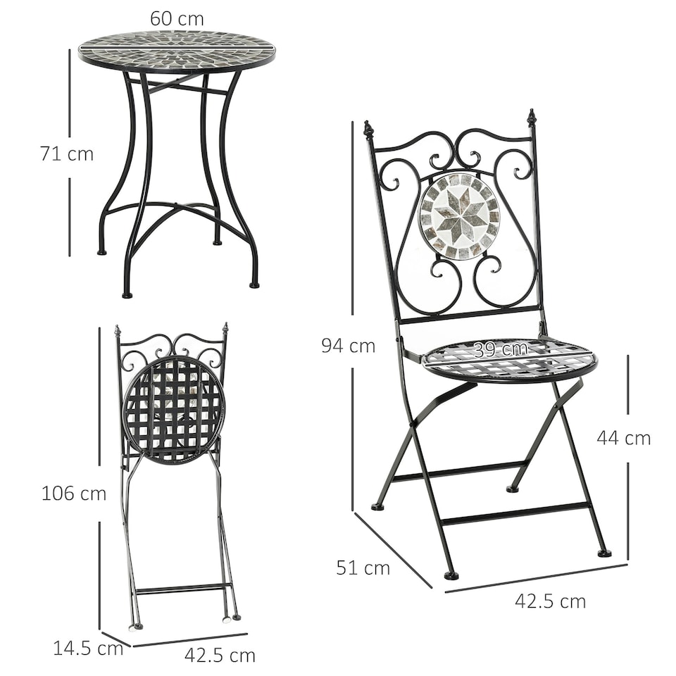 image 1 of Outsunny 3 Pcs Mosaic Tile Garden Bistro Set Outdoor w/ Table 2 Folding Chairs