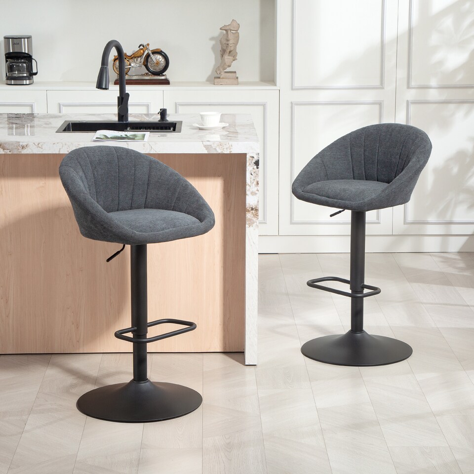 image 1 of HOMCOM Bar Stools Set of 2, Upholstered Swivel Barstools, Height Adjustable Breakfast Bar Chairs with Backrest and Footrest for Kitchen Island Counter, Dining Room, Dark Grey | Grey