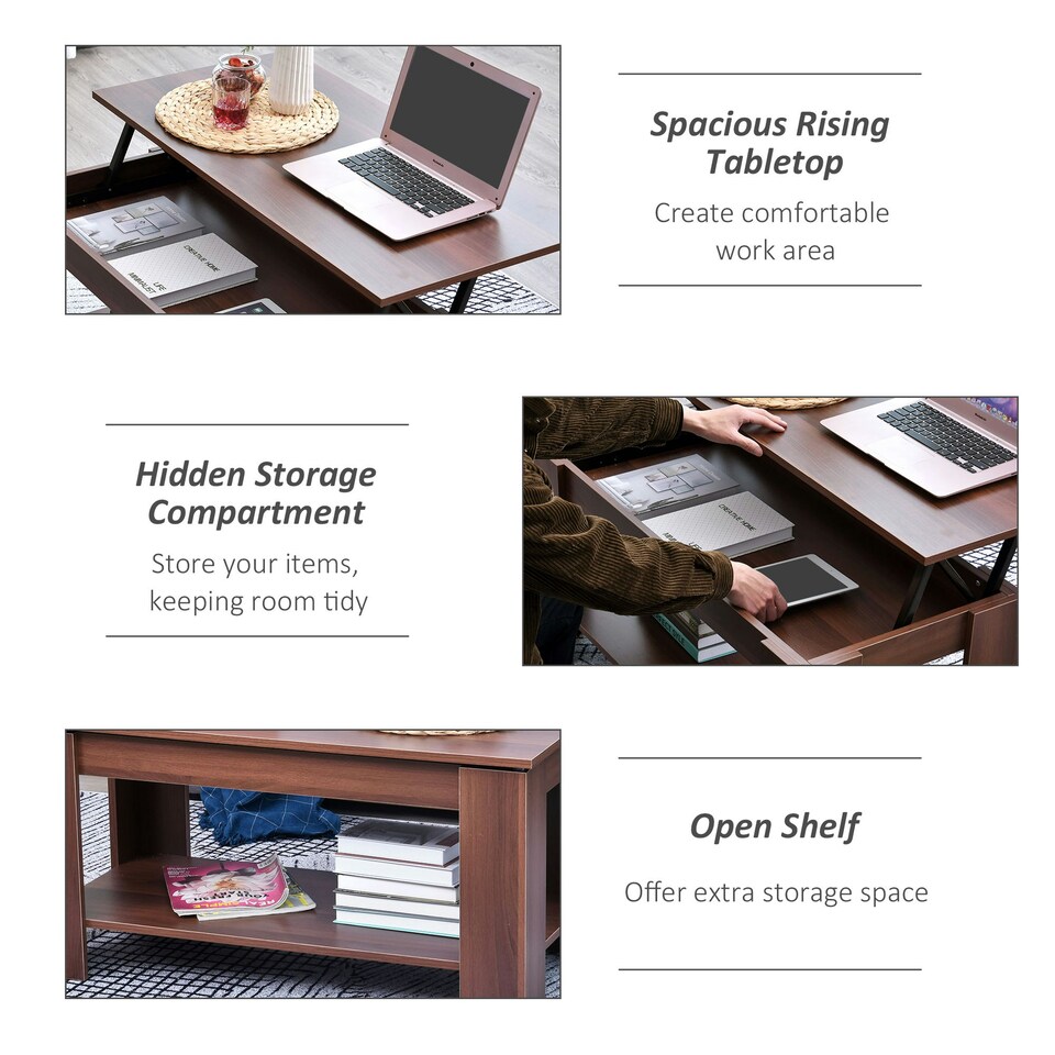 image 1 of HOMCOM 100cm Modern Lift Up Top Coffee Table Desk Hidden Storage Bottom Shelf Yellow