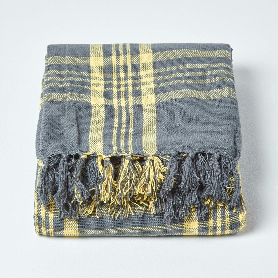image 1 of Homescapes Grey and Yellow Tartan Check Sofa and Bed Throw - 150 x 200 cm | Grey | 1