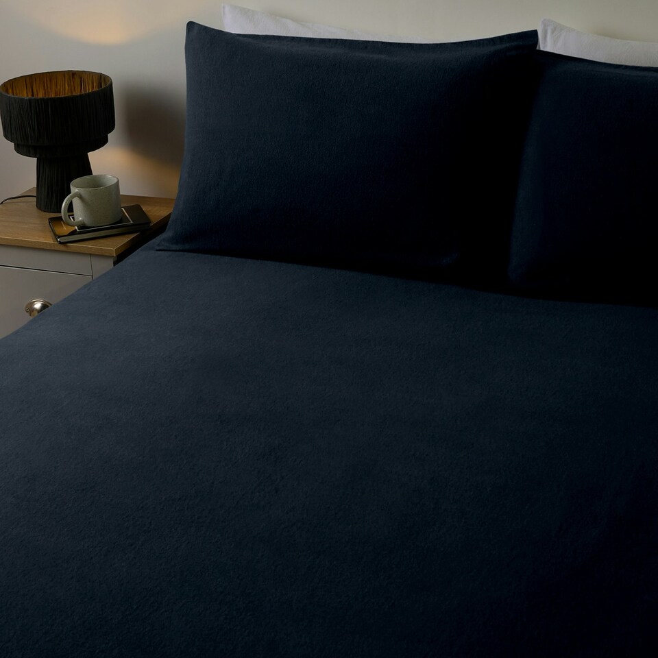 image 1 of OHS 100% Brushed Cotton Soft Cosy Warm Fleece 25cm Deep Elasticated Fitted Sheet Blue | Navy | Super King