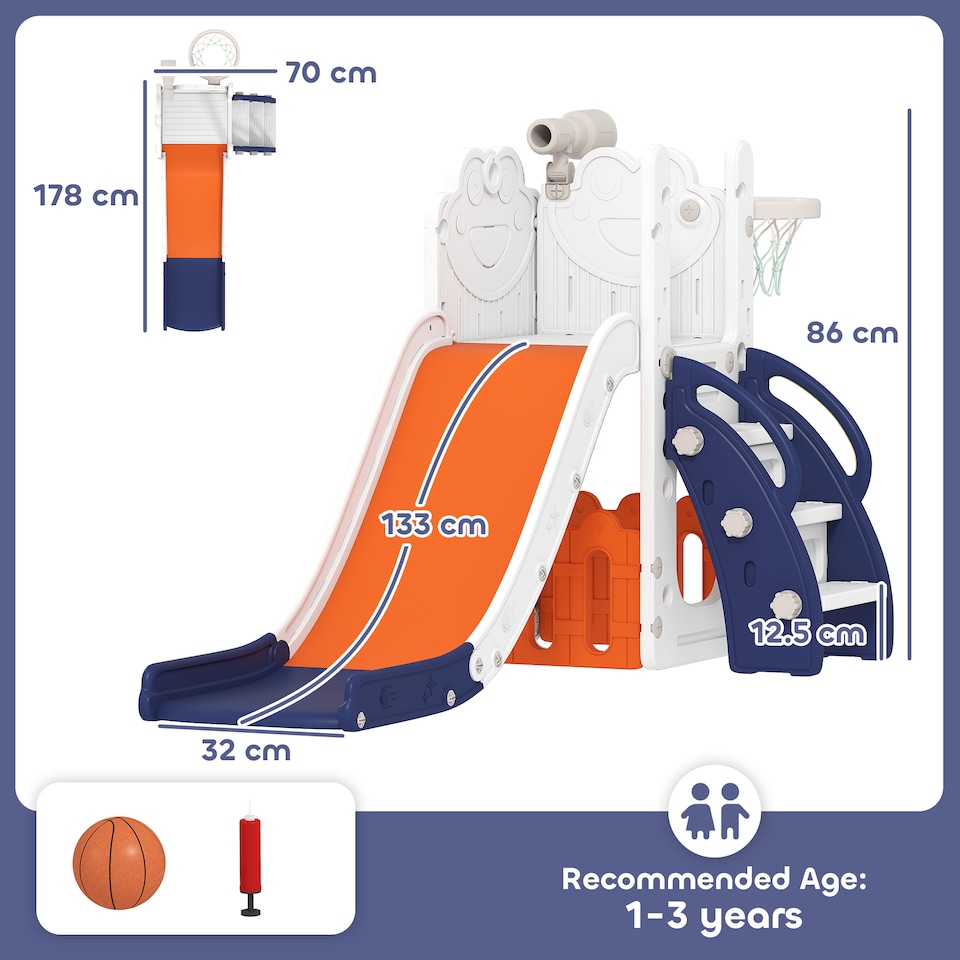 image 1 of AIYAPLAY 5 in 1 Toddler Slide Set with Basketball Hoop for Age 1-3, Orange