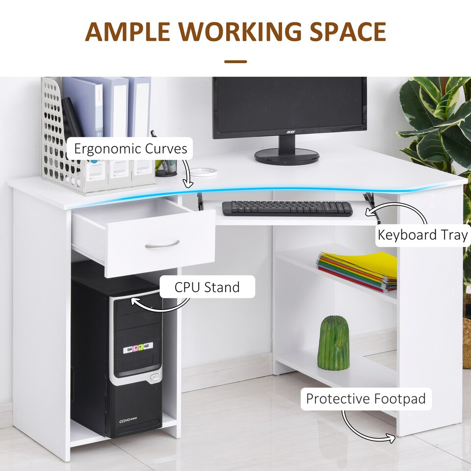 image 1 of HOMCOM L-Shaped Corner Computer Desk with 2 Shelves Worktop White