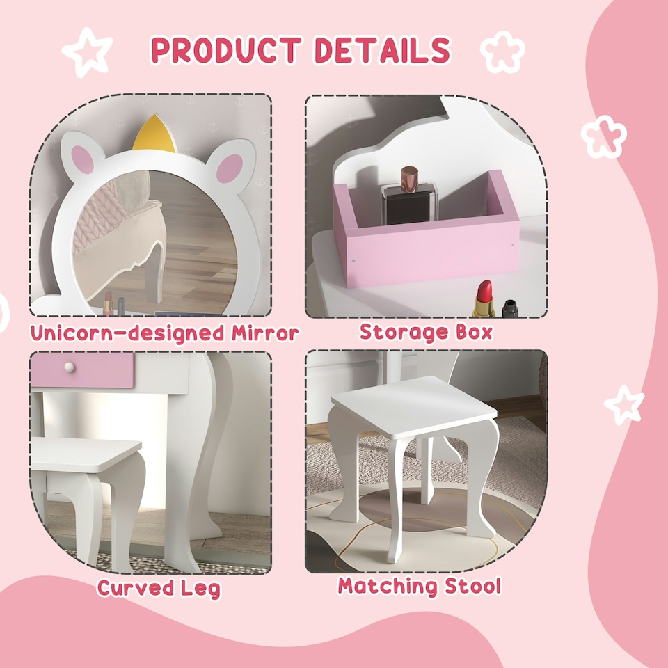 image 1 of ZONEKIZ Kids Dressing Table with Mirror and Stool, Drawer, Storage Boxes - White White | Pink