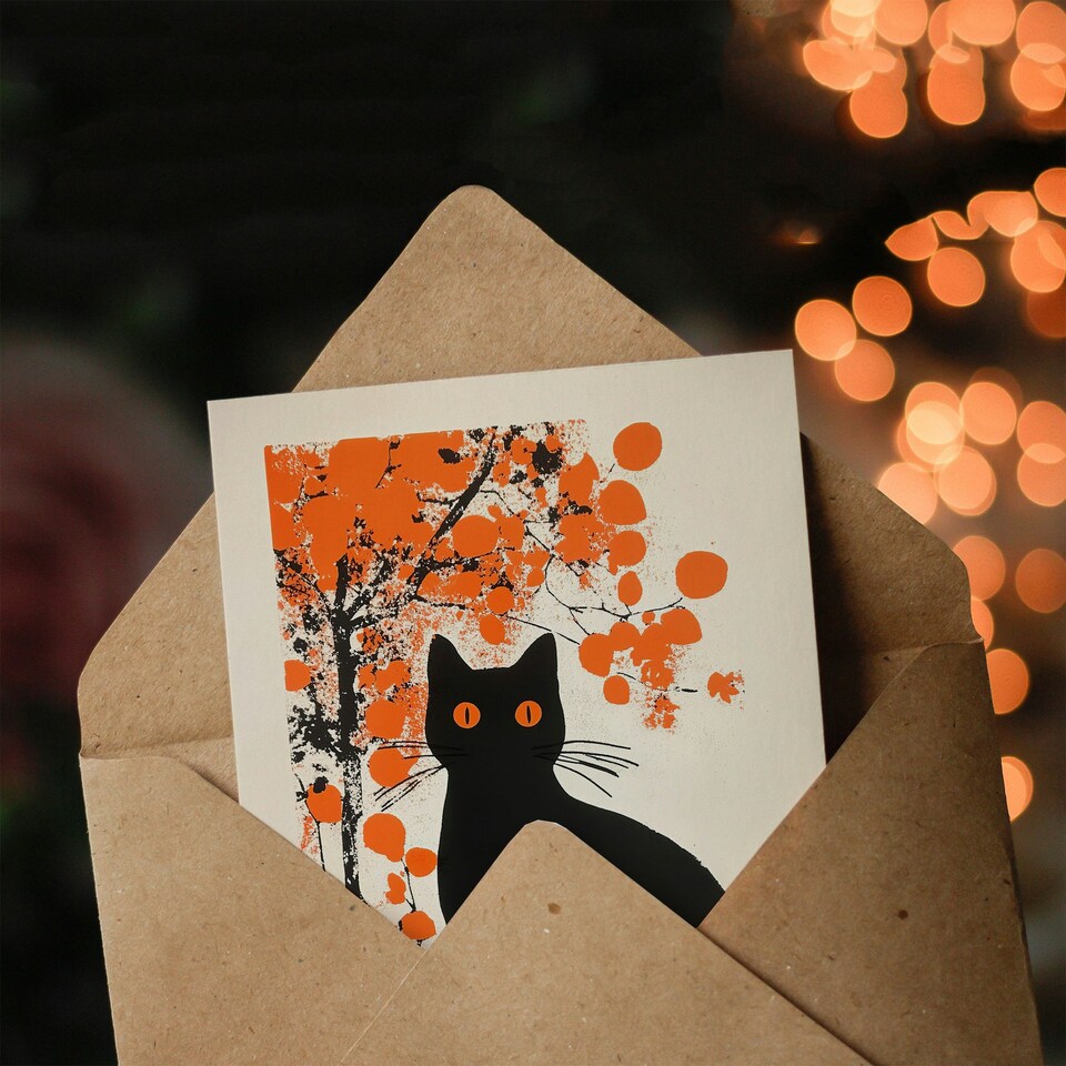 image 1 of Cat Lover Black Pet Under Autumn Orange Tree Halloween Greeting Card
