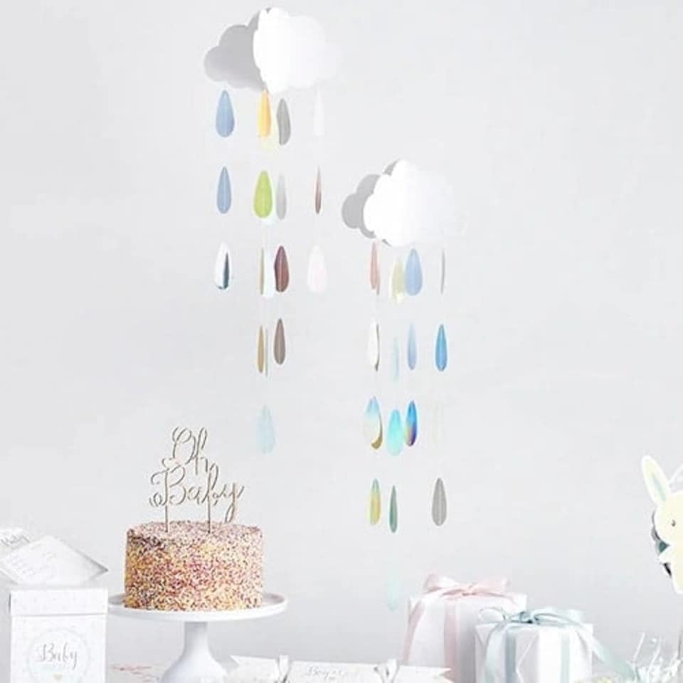 image 1 of Pastel Baby Shower Clouds With Droplets Hanging Decoration 80cm - Pack of 2