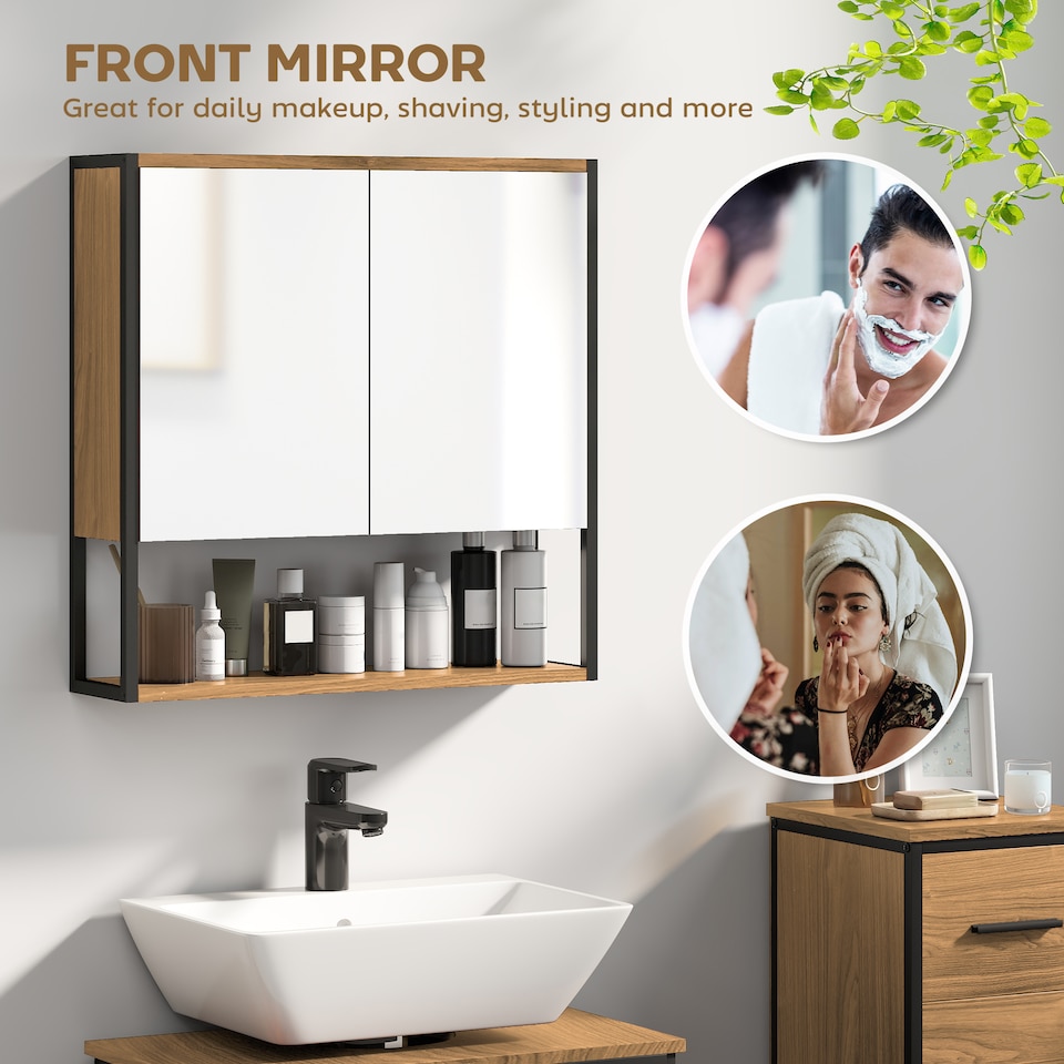 image 1 of HOMCOM Bathroom Mirror Cabinet Wall Mounted with Soft-Close Doors and Adjustable Shelf, Industrial Bathroom Wall Cabinet with Open Storage, 60 x 16 x 60 cm, Natural Wood Finish | Brown | Natural wood finish