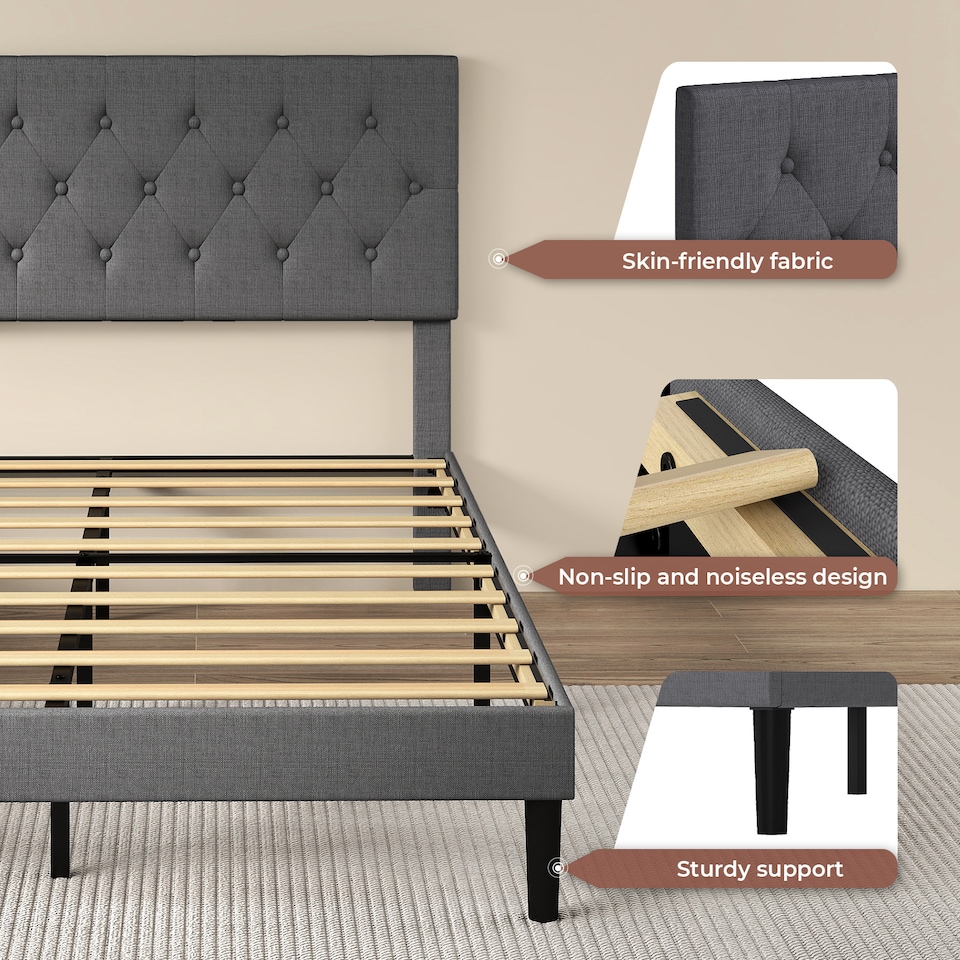 image 1 of Levede King Bed Frame Upholstered Linen Fabric Soft Foam Headboard Wooden Grey | Grey | Grey