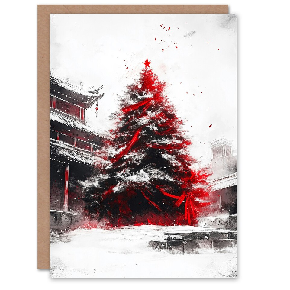 image 1 of Majestic Tree Snowy Chinese Temple Blank For Him Or Her Art Xmas Festive Christmas Card