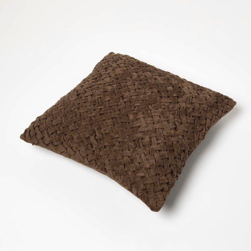 image 1 of Homescapes Sofia Pleated Brown Velvet Cushion - 45 x 45 cm Brown
