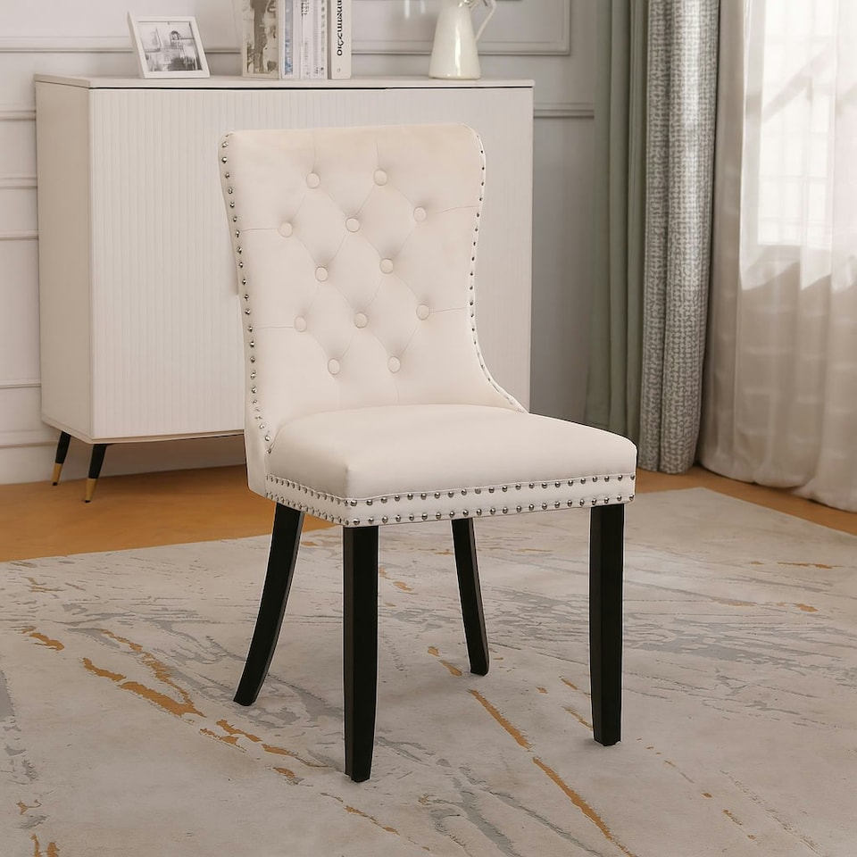 image 1 of Natural Set of Six Studded Velvet Dining Chair with Ring Knocker Detail Cream | Natural