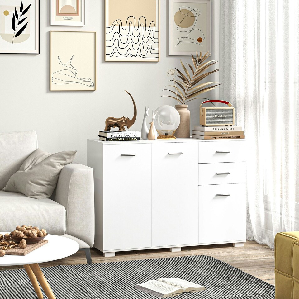 image 1 of HOMCOM Modern Sideboard Kitchen Storage Cabinet with 2 Drawers, White White