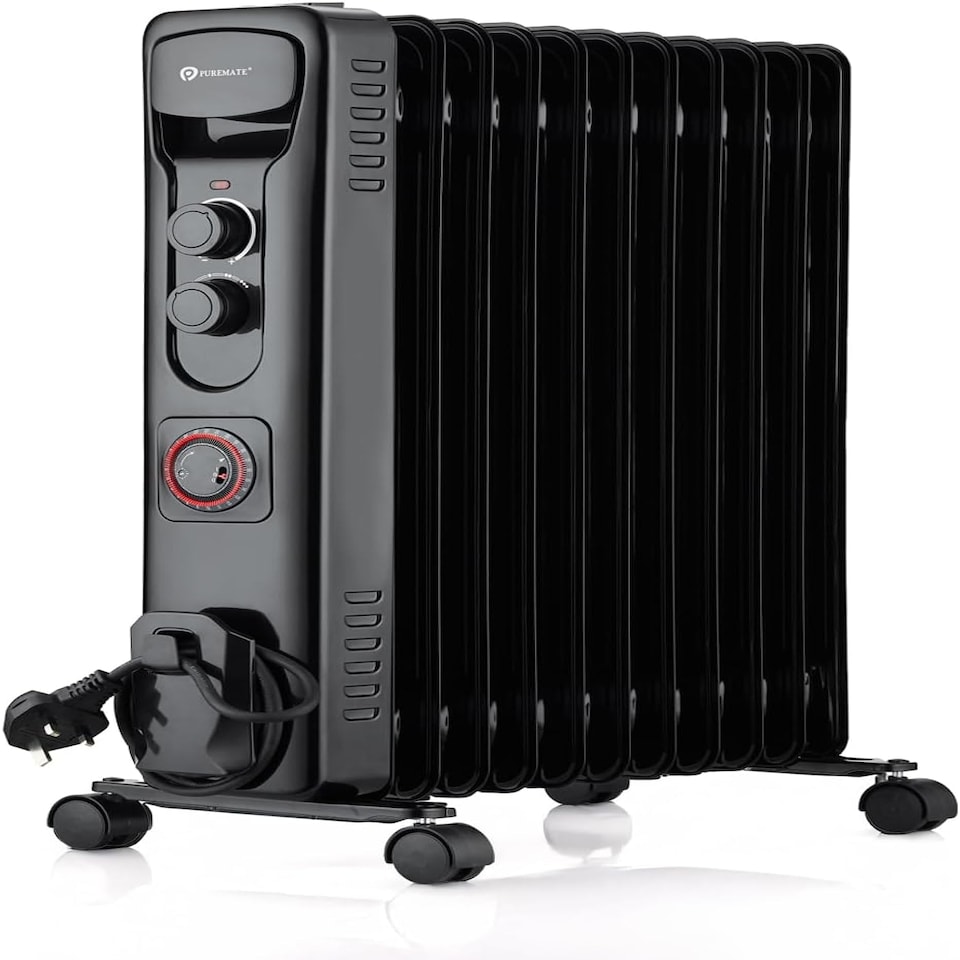 image 1 of PureMate 2500W Oil Filled Radiator, 11 Fin Portable Electric Heater with Adjustable Thermostat, 24hr Timer & 3 Heat Settings