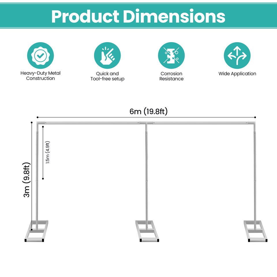 image 1 of 3x6m Silver Modular Rectangular Backdrop Stand Kit with Metal Frame - 3 Base, 10 Pipes