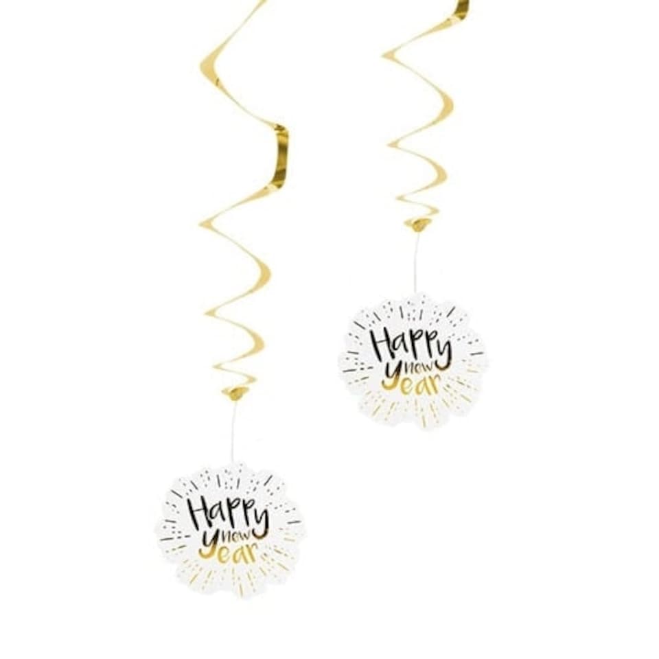 Happy New Year Gold Foiled Hanging Swirl Decorations - Pack of 2