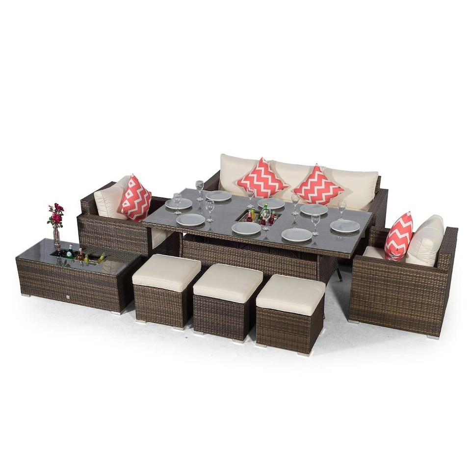 image 1 of Sydney 8 Seater Drinks Cooler Conversation Dining Set With Coffee Table & 3 Stools | Brown | Brown