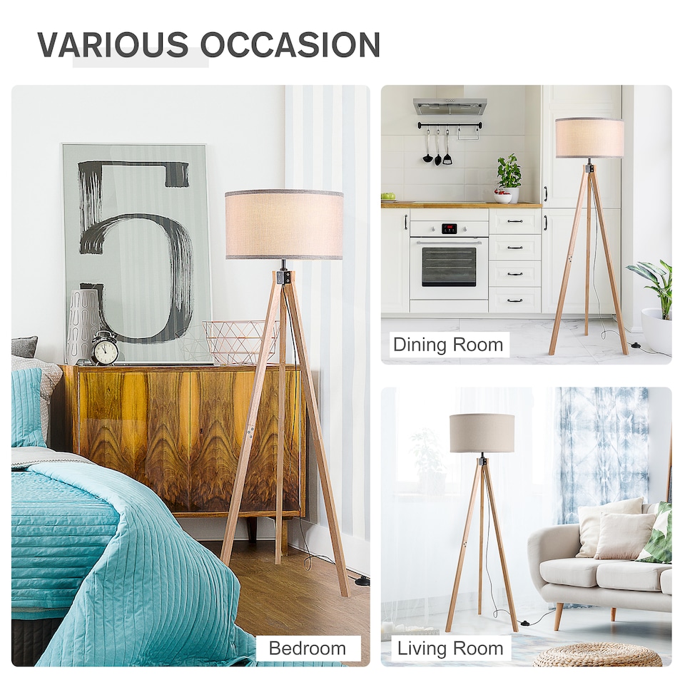 image 1 of HOMCOM Wood Tripod Floor Lamp Home Lighting Elegant E27 Bulb Linen Shade Beige