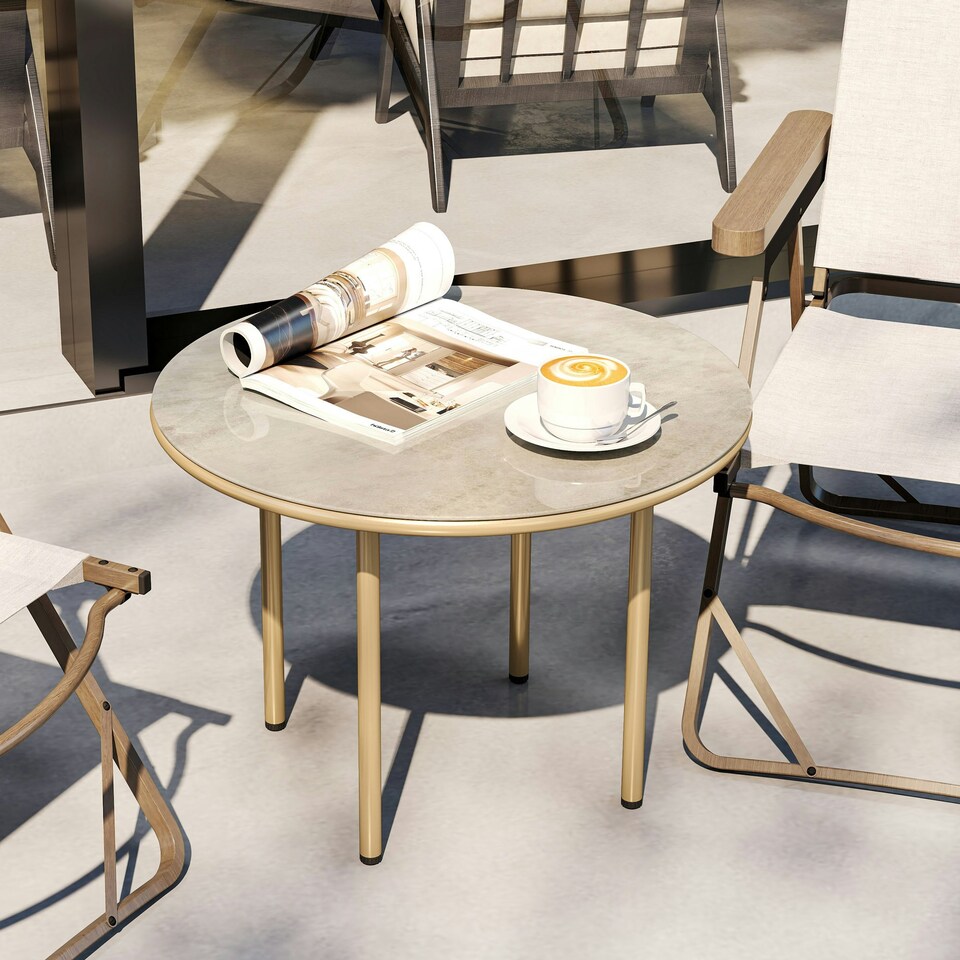 image 1 of Outsunny Round Small Garden Table with Faux Marble Glass Top, Beige