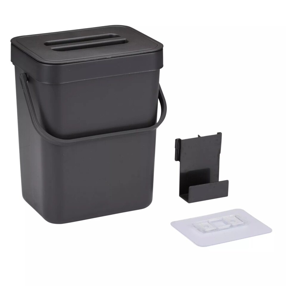 image 1 of 3L Wall Mounted Hanging Recycling Waste Bin Kitchen Cabinet Door with Handle & Lid | Black | Black