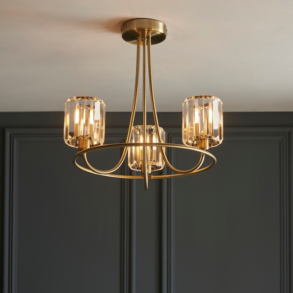 image 1 of Berenice 3 Light Multi Arm Glass Shade Semi Flush Ceiling Lamp Antique Brass