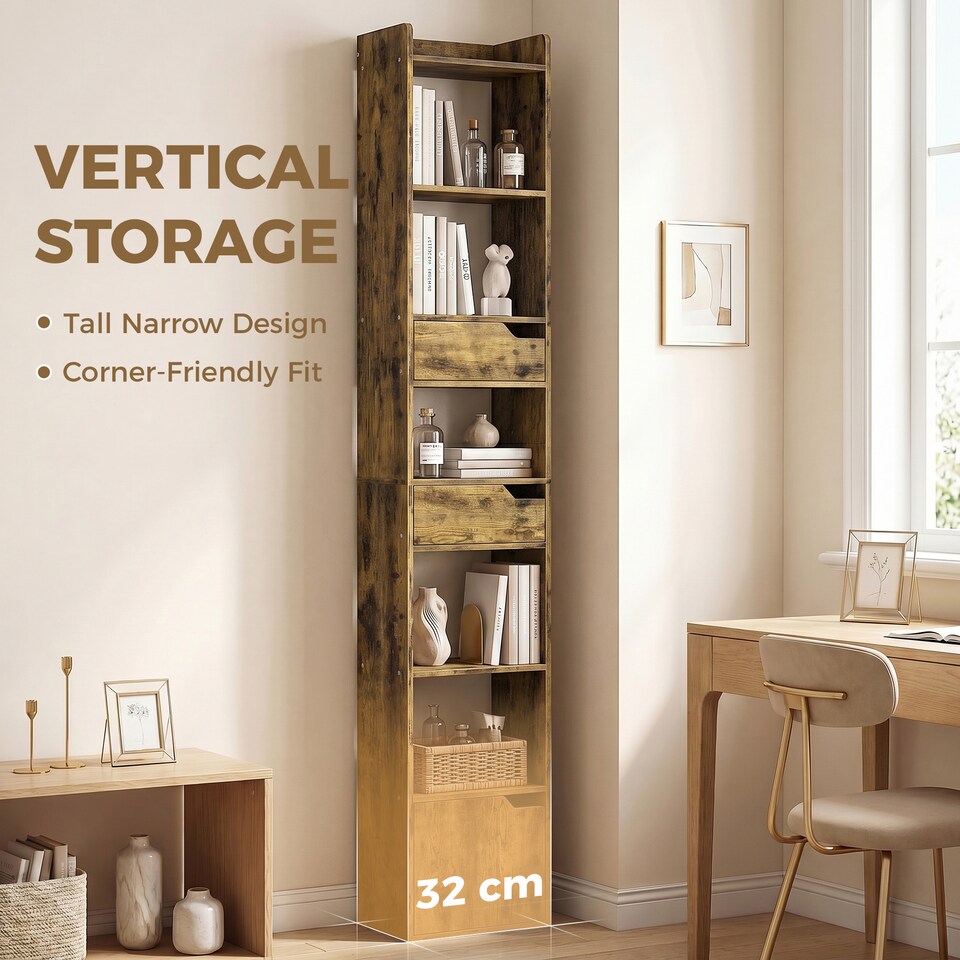 image 1 of HOMCOM Bookcase Tall Narrow with 5 Tiers Drawers