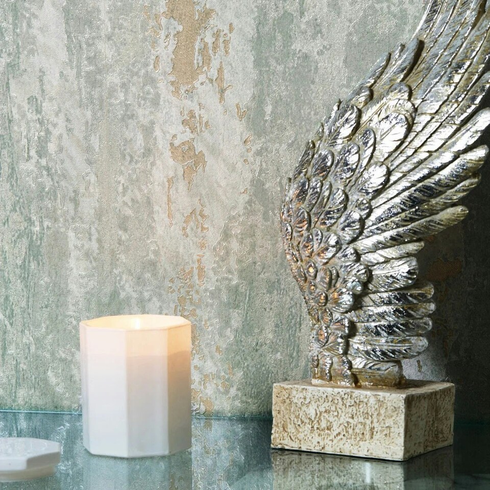 image 1 of Nova Metallic Wallpaper in Duck Egg Green with Silver Sparkle Multi